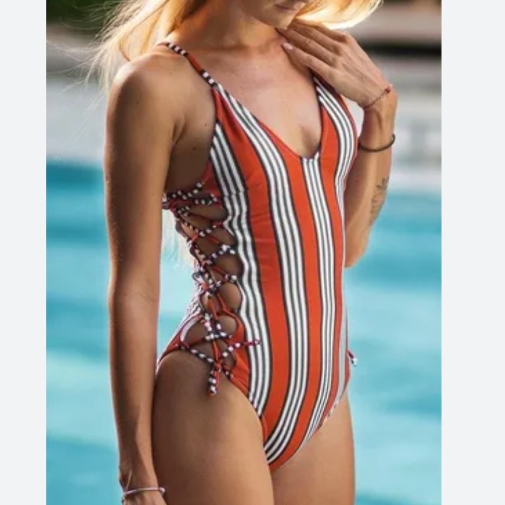 Cupshe One Piece Striped Swimsuit Medium Tie Strings on Both Sides